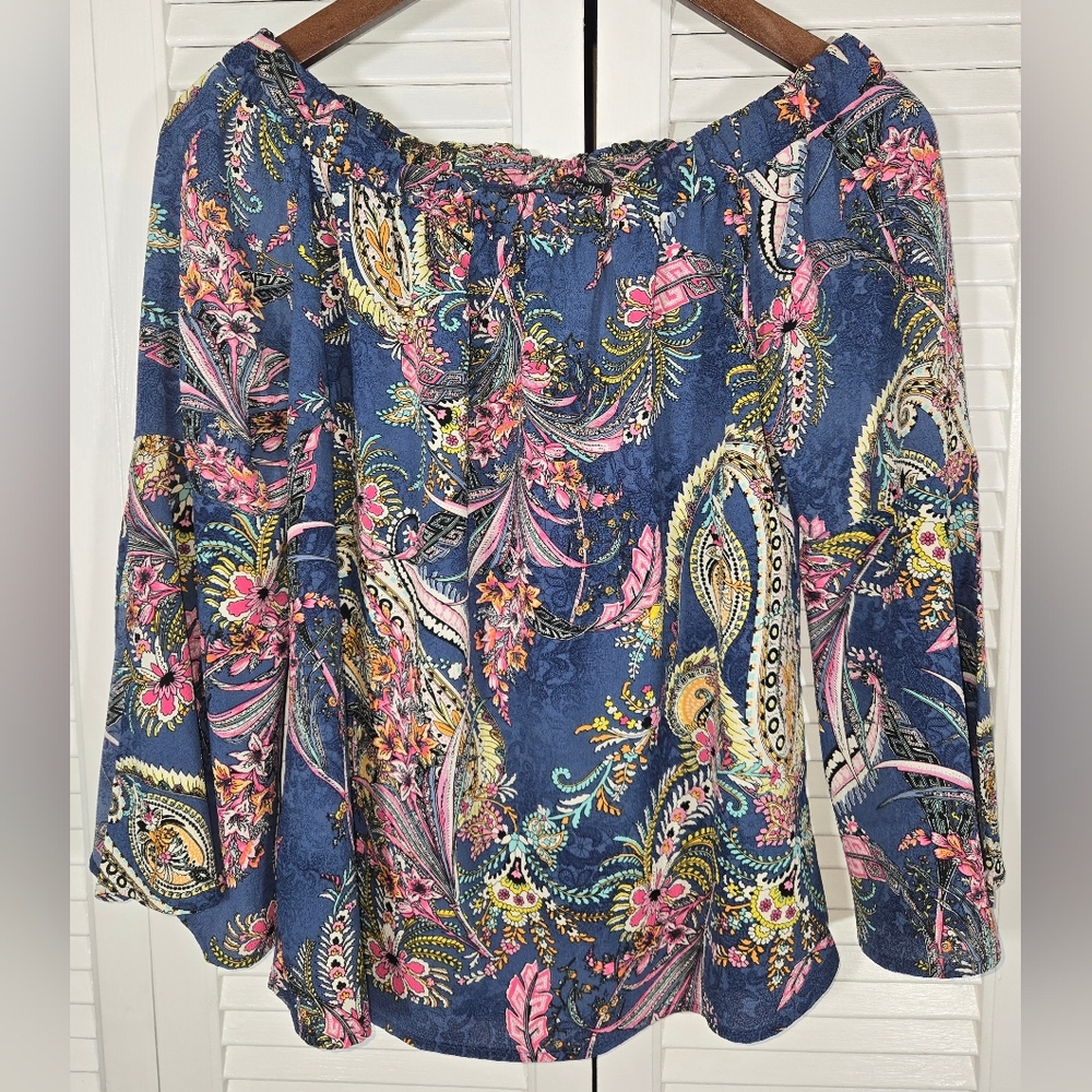 Ariella Paisley Off The Shoulder Peasant Boho Bell Long Sleeve Blue Pink Shirt S